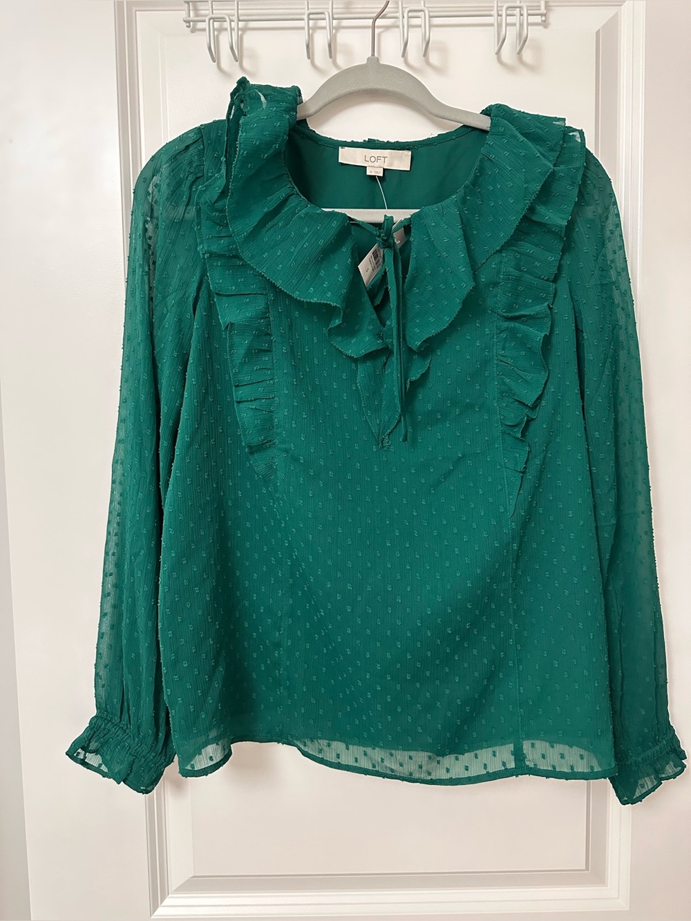 NWT LOFT Emerald Green Swiss Dot Ruffle Blouse | Size Small
